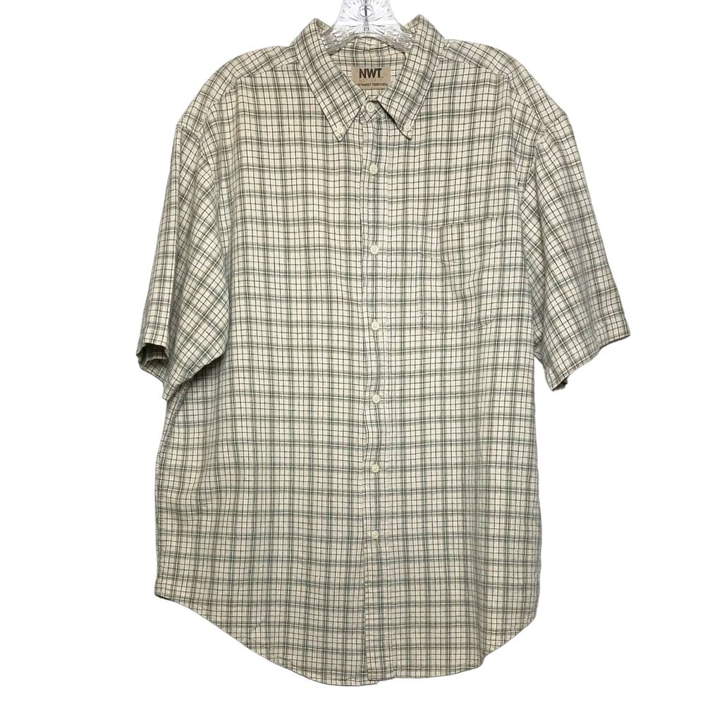 NWOT NORTHWEST TERRITORIES Shirt Mens L Linen Cotton Plaid Short Sleeve Button